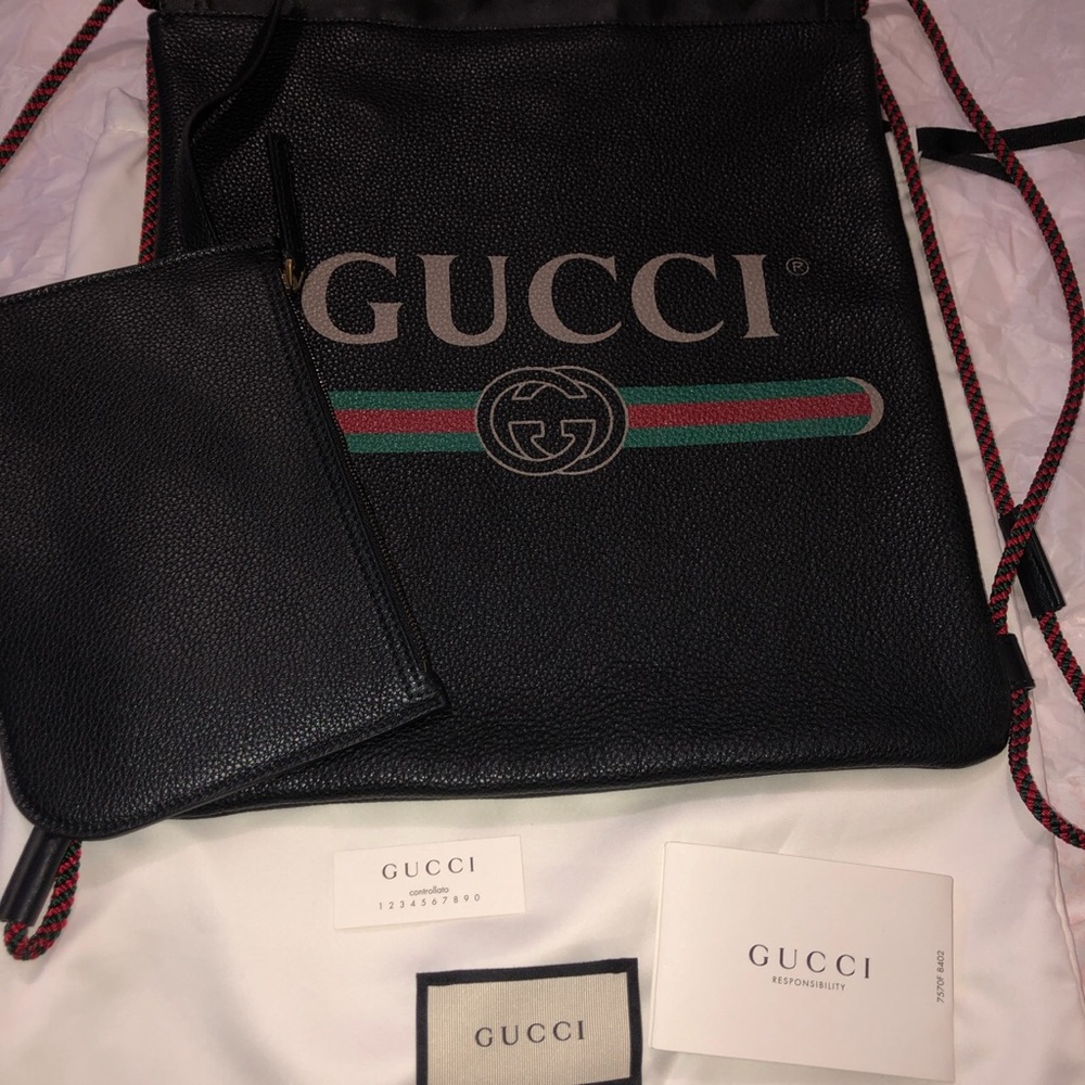Authentic Gucci Logo Leather Drawstring Backpack